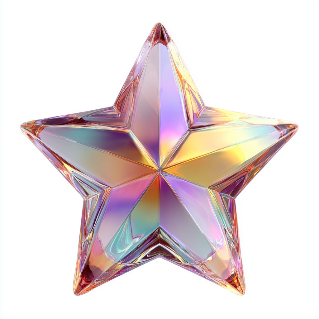 Пятиконечная звезда из прозрачного стекла с радужными и разноцветными градиентными отражениями