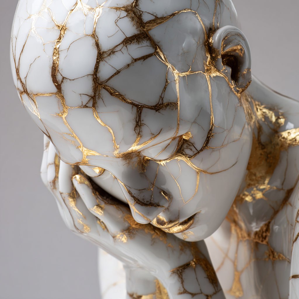 Скульптура женщины, керамическая глазурь ярко-блестящая белая с золотыми трещинами Кинцуги