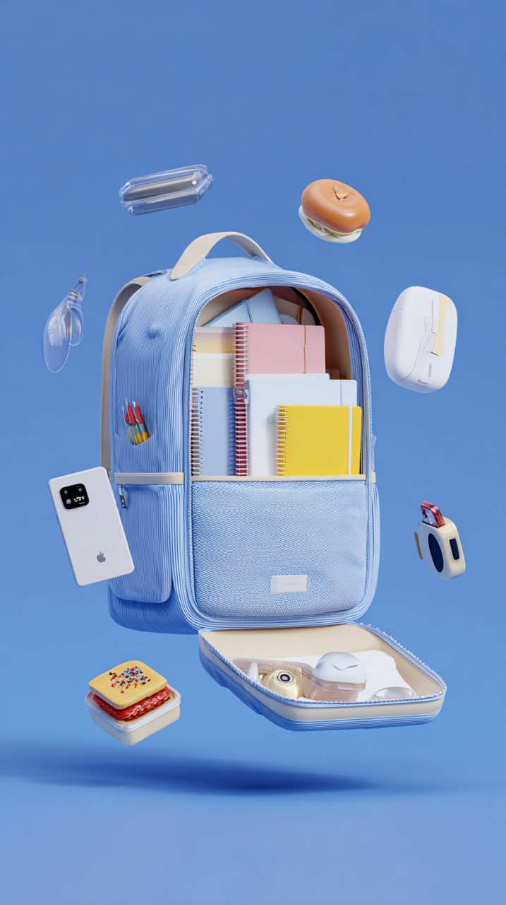 3D рендер открытого школьного рюкзака с техническими гаджетами, тетрадями, ланчбоксом, плавающая минимальная композиция