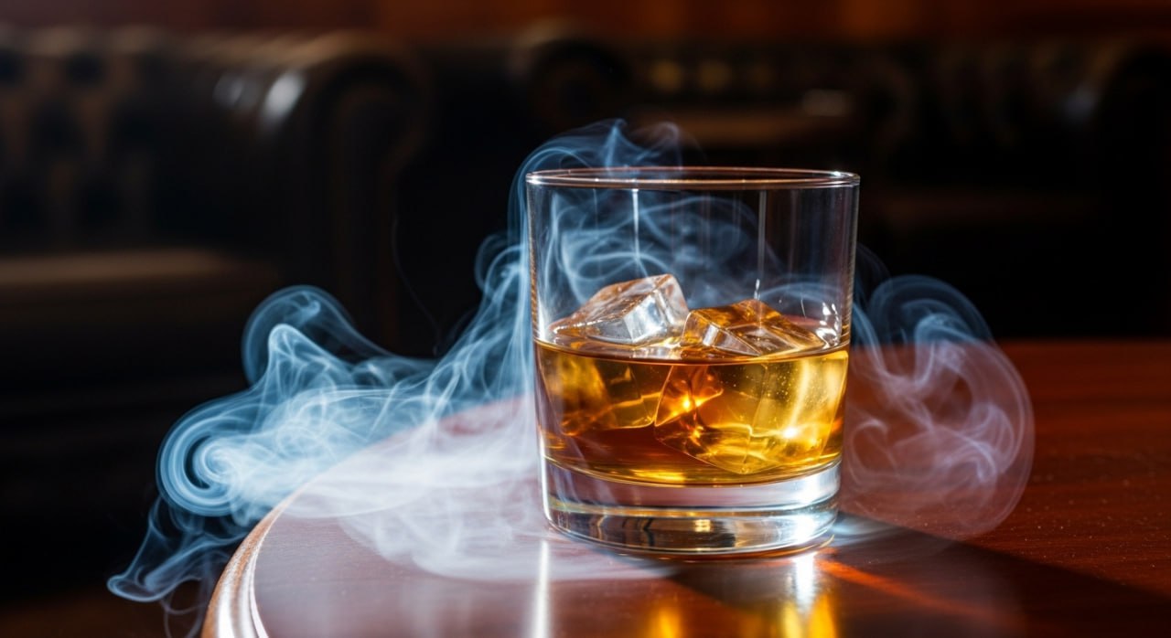Стакан виски с сигарным дымом