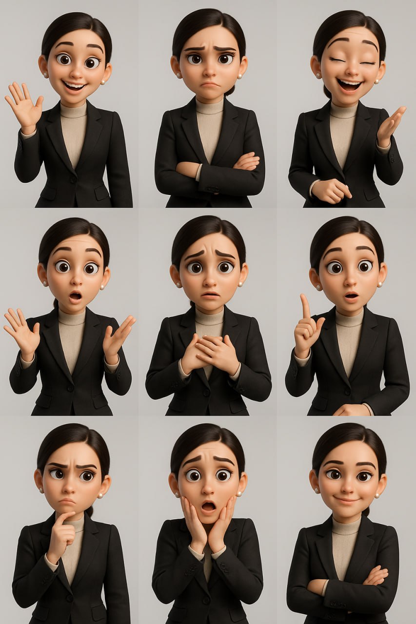 Сетка из 9 портретов: 3D мультяшный женский персонаж в современном деловом костюме