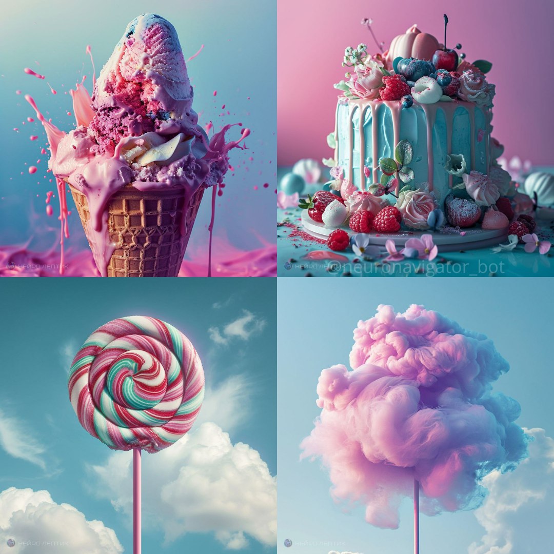 С этим промптом получаются очень классные иллюстрации, если вы хотите сделать какие нибудь сладости