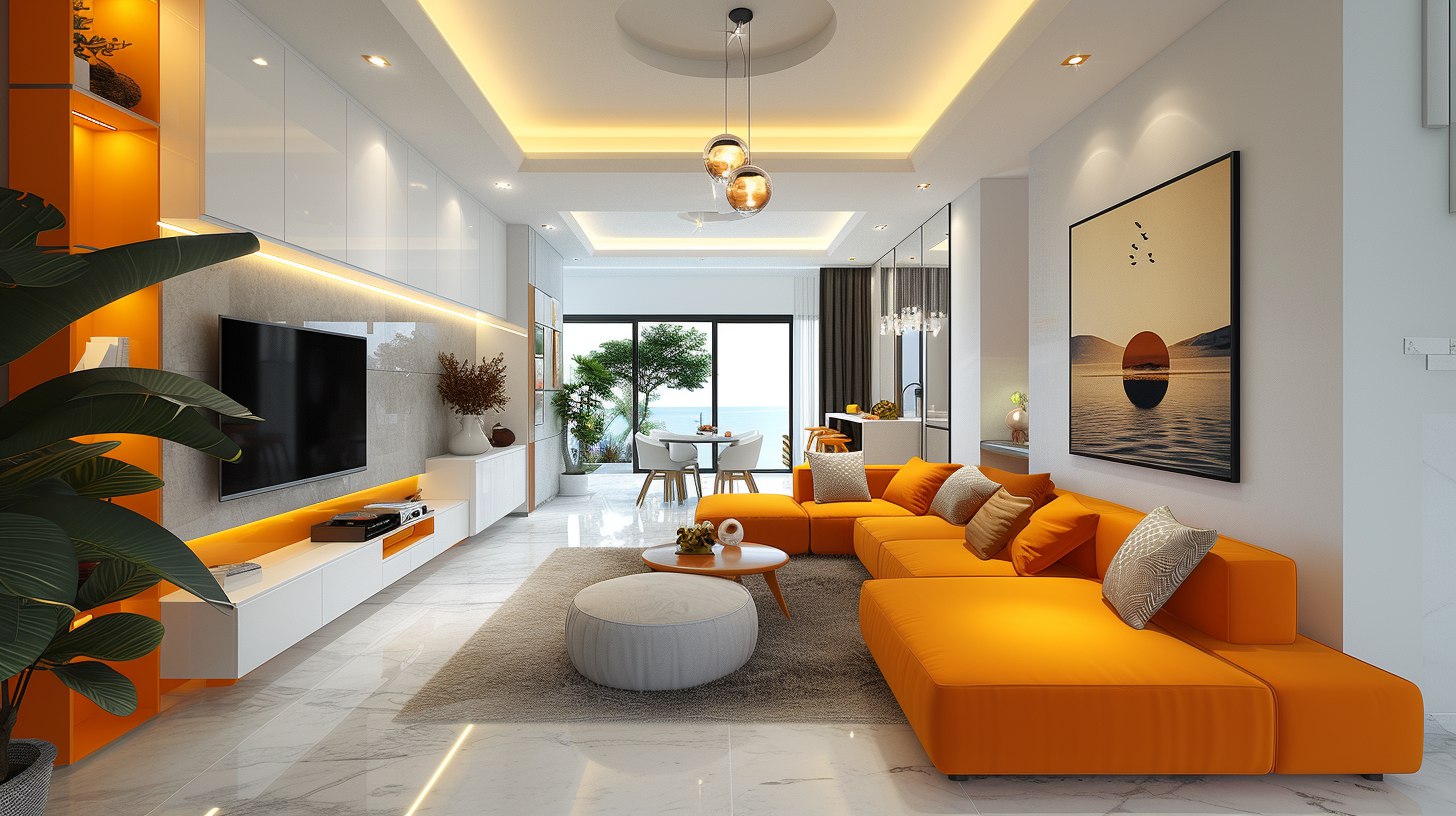 Современная гостиная с энергичными оранжевыми элементами на фоне чистых белых стен