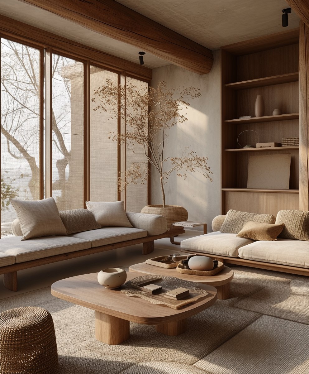 Современная гостиная с деревянной мебелью и окнами в стиле дзен-минимализма