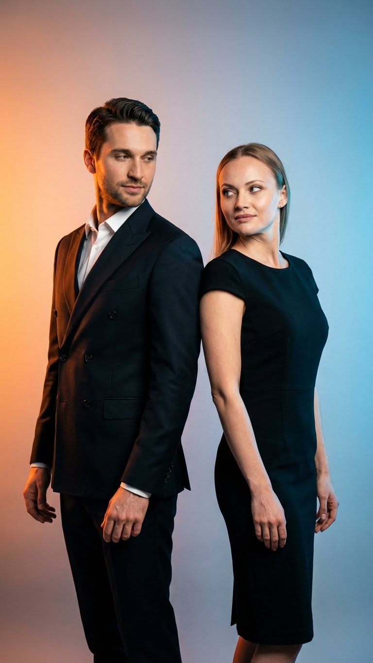 Фотореалистичная студийная fashion-съёмка пары в стиле editorial: два источника света с цветными гелями (тёплый оранжевый слева, холодный синий справа), чистый градиент на фоне, высокий контраст, но лица читаемые и натуральные. Вертикальный кадр 4:5, объектив 85mm, малая глубина резкости, резкие лица, фон мягко размыт, “film look”, лёгкая зернистость. Поза: пара стоит спина к спине, затем лёгкий поворот голов друг к другу; руки расслаблены, осанка уверенная. Одежда (обязательная замена): мужчина — идеально сидящий тёмный костюм (двубортный), белая рубашка без принта; женщина — структурированное чёрное платье-пиджак или минималистичное платье-футляр, матовая ткань. Никаких логотипов, никаких надписей. Важно: исходную домашнюю одежду с референса полностью игнорировать и заменить на указанную. Сохранить точную идентичность лиц ОБОИХ людей из загруженных фото; не путать личности; не делать face swap; не сливать лица; в кадре только мужчина и женщина.