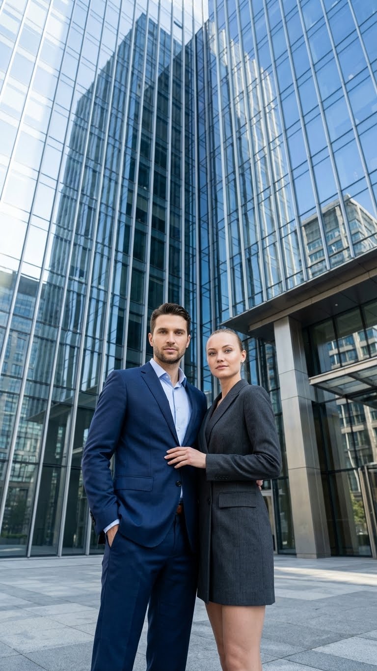 Бизнес-центр, низкий ракурс, power couple