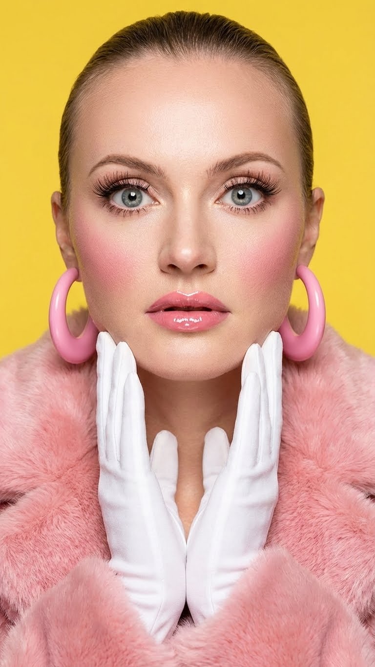 Крупный план. Модель в образе "Glamour Doll" на фоне ярко-желтой стены. Одежда: Розовая шуба из искусственного меха и массивные пластиковые серьги в стиле 60-х. Поза: Лицо застыло в кукольном выражении, руки в перчатках касаются подбородка, взгляд широко открытых глаз в камеру. Стилистика: Высокоглянцевый эдиториал Стивена Майзела для Vogue. Детализация текстур: Идеальная "пластиковая" ретушь кожи, ворс меха, блеск акрила. Идентичность: Using the uploaded photo as a reference, preserve the exact facial identity and proportions. Освещение: Безупречный студийный свет (Beauty dish), полное отсутствие теней на лице. Технические параметры: Phase One, 100mm, f/8, ISO 50, максимальная четкость.