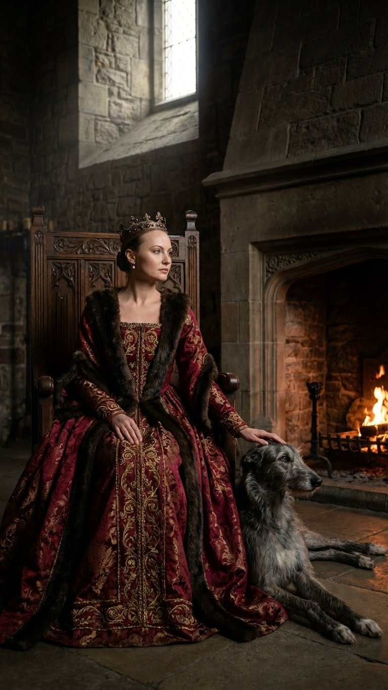 План по колено. Модель в образе королевы в интерьере старинного замка у камина. Одежда: Платье из тяжелой парчи с золотым шитьем и меховой отделкой. Поза: Величественно сидит на троне, одна рука лежит на голове большой борзой собаки, взгляд задумчив и глубок. Стилистика: Театральный, масштабный портрет Энни Лейбовиц. Детализация текстур: Текстура камня стен, блеск парчи, шерсть животного. Идентичность: Use the photo as the main reference for the person's face; keep appearance intact. Освещение: Драматичное, направленное освещение, имитирующее свет из окна и отблески огня. Технические параметры: Fujifilm GFX 100S, 63mm, f/4, насыщенные глубокие цвета.