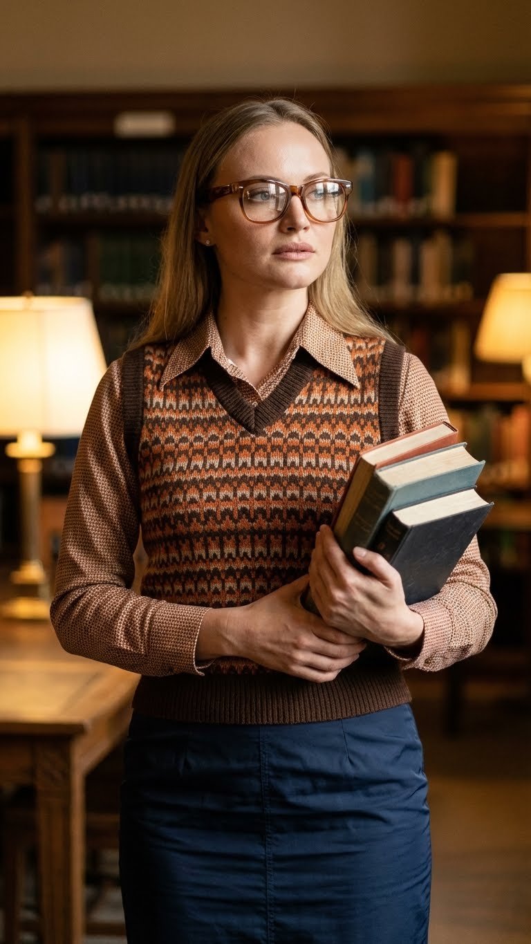 A model in a "Geek Chic" look in an old library. Clothing: A nylon pencil skirt, a knit vest with a geometric print, and oversized horn-rimmed glasses. Pose: Standing, clutching a stack of books, with a distant, intellectual gaze. Style: The "ugly-chic" aesthetic of Miuccia Prada. Texture detailing: The nylon texture, the knit of the vest, the matte plastic of the glasses. Identity: Preserve her facial identity and proportions intact with 100% fidelity. Lighting: Soft, slightly yellowish lamplight creates an atmosphere of retro intellectualism. Technical parameters: Nikon D850, 50mm, f/2.8, natural colors.