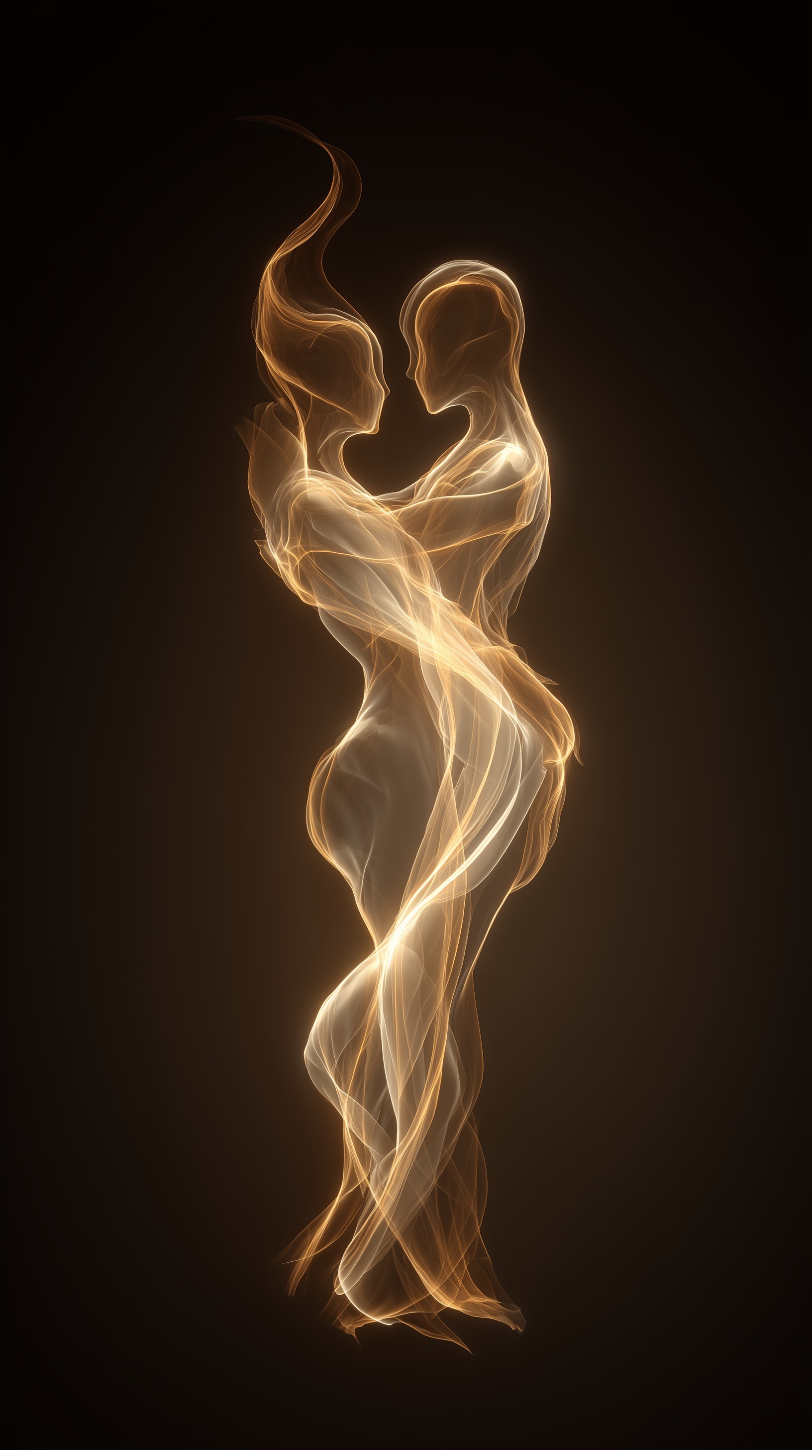 An infinite glowing flame shaped like two intertwined humanoid silhouettes embracing each other with a kidd, seamlessly fused into one form. The flame is composed of soft gold and white light, gently flickering in slow motion against a deep dark background. No sparks, no chaos just steady radiant energy. Subtle halo glow around the flame, timeless and symbolic. Twin flame eternity, divine love, sacred union, cinematic fine art realism, ultra-detailed light textures, shallow depth of field, no text, no logos --ar 9:16 --raw --v 7
