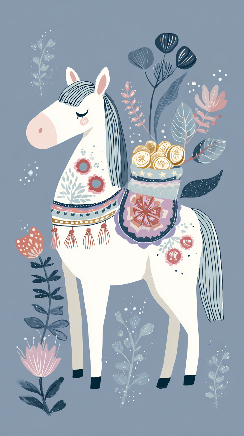 A cute horse wearing floral patterns, carrying Money pouch on the shoulders, in Scandinavian style, with simple lines and colorful whimsical illustrations on a beautiful garden background --ar 9:16 --raw --v 7