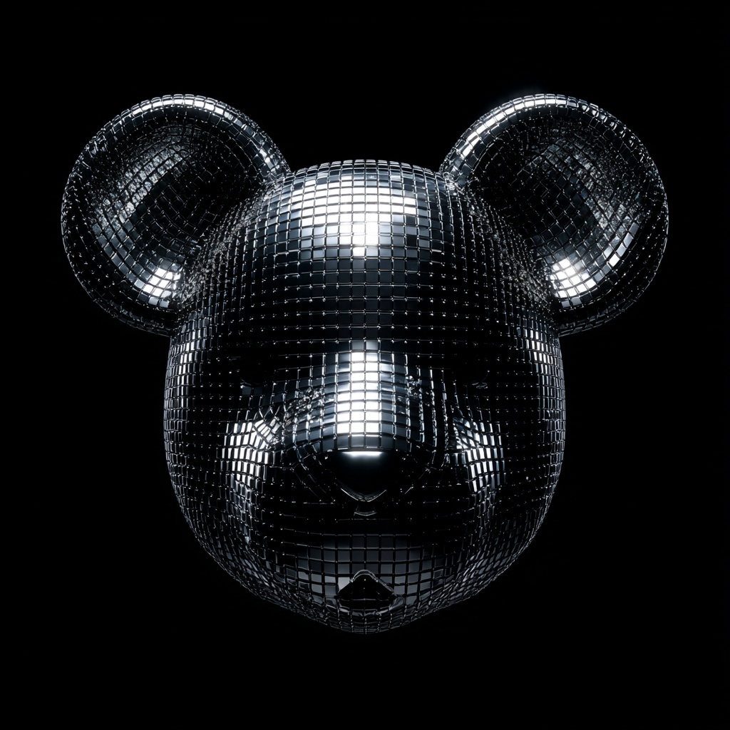 A minimalist, ultra-luxury portrait of a teddy bear head on a deep black background. The bear’s ears and outer head surface are covered with highly reflective disco-ball mirror skin, made of tiny square mirror tiles, glossy and faceted, catching subtle highlights. The face itself is completely matte black, smooth, deep, non-reflective, almost void-like, with barely visible contours. High contrast between reflective mirror texture and pure black face. Sculptural, contemporary art style, elegant, gallery-ready, dark luxury aesthetic. Dramatic studio lighting, soft reflections only on the mirrored areas, black-on-black depth, hyper-realistic, 8k, ultra detailed, premium art piece. --v 7