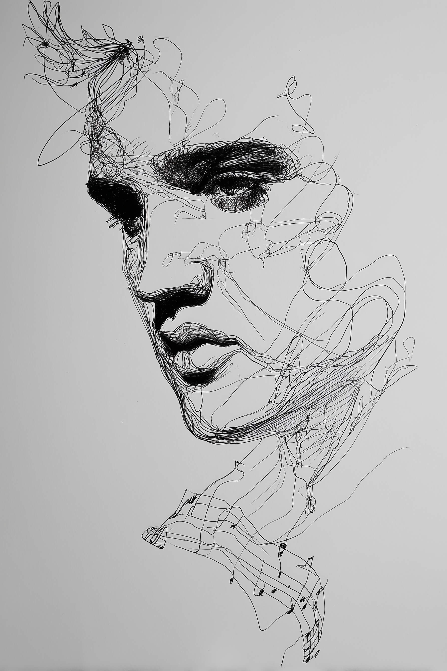 Continuous medium shot of Elvis Presley. A single, uninterrupted black line of varying thickness forms the character and flows, drawing musical notes that fly around the bust. Elvis Presley faces the viewer of the image. Minimalist and abstract style, fluid movement, pen and ink on a white background. A masterpiece of line art. --ar 2:3 --v 7