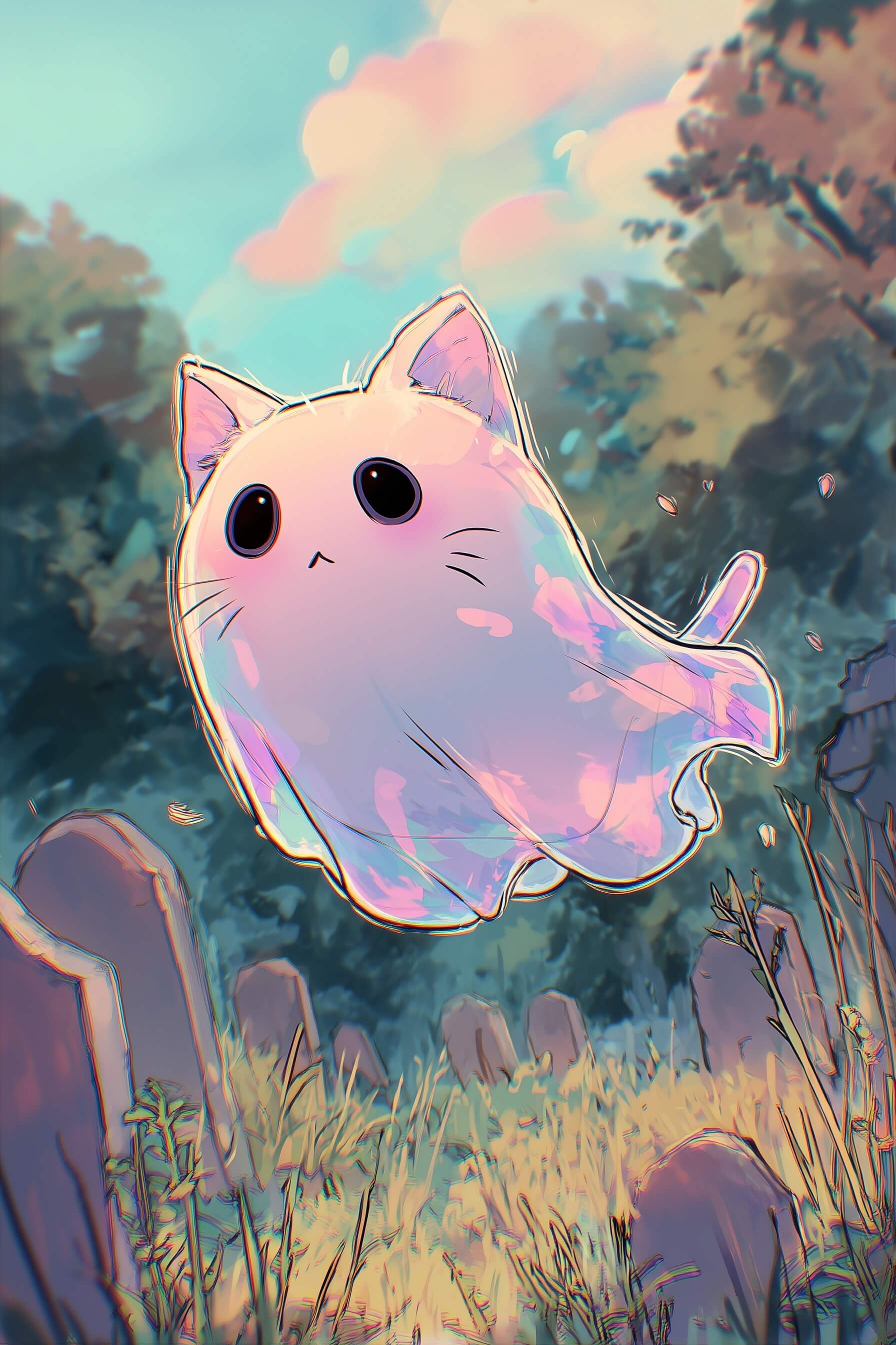 Cute chibi anime style, a ghostly cat, semi transparent, floating in the air, the background is a graveyard, drawn in soft pastel colours, smooth round forms, whimsical atmosphere, pastel anime aesthetic, illustrated in a cozy kawaii style, high quality digital art --chaos 15 --ar 2:3 --profile vp1rvvc a6mu183 --v 7