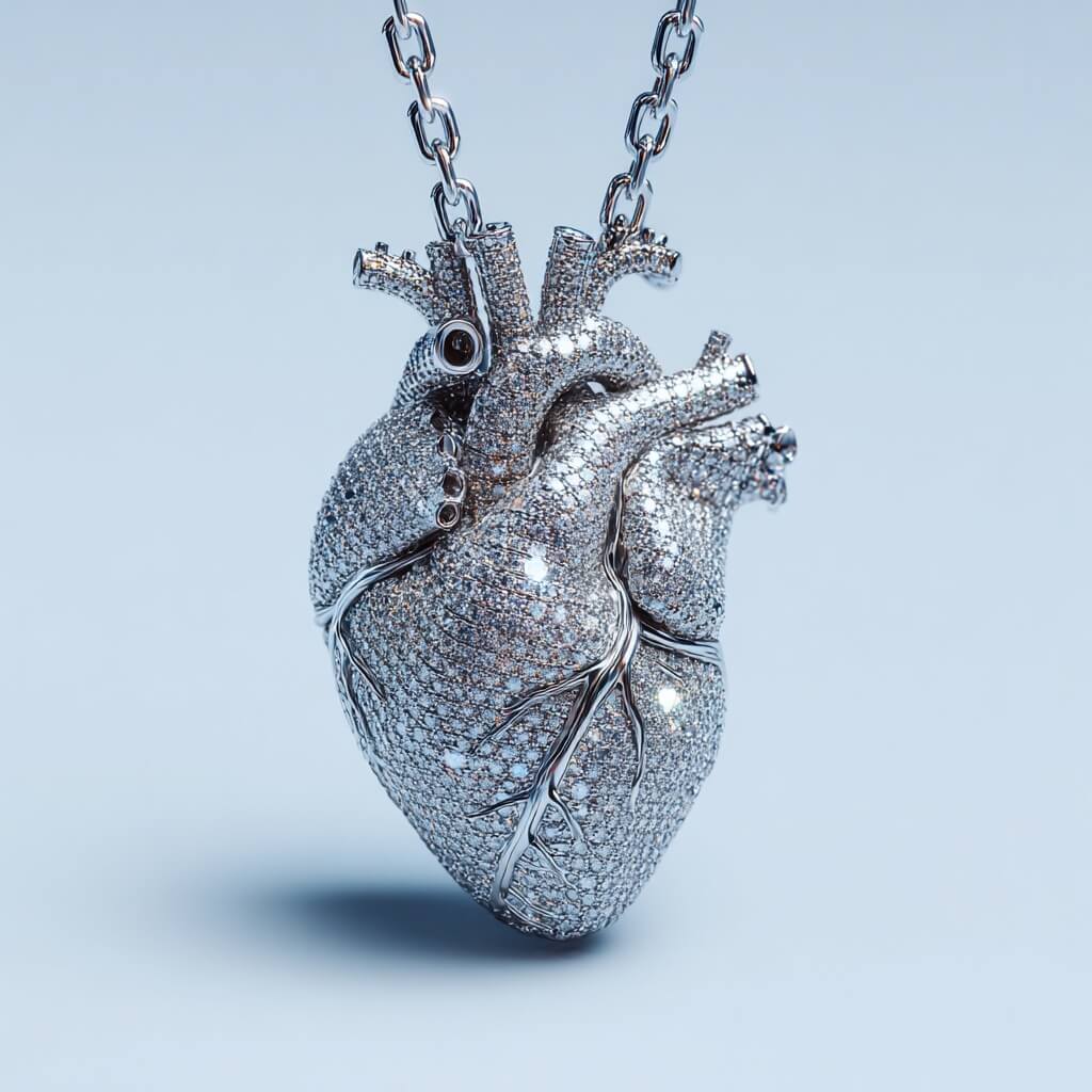 Create a realistic high end close up photo of a human heart made of white gold and incrusted with diamonds. The heart is a pendand on a white gold chain. Minimalistic background and flontal light. --v 7