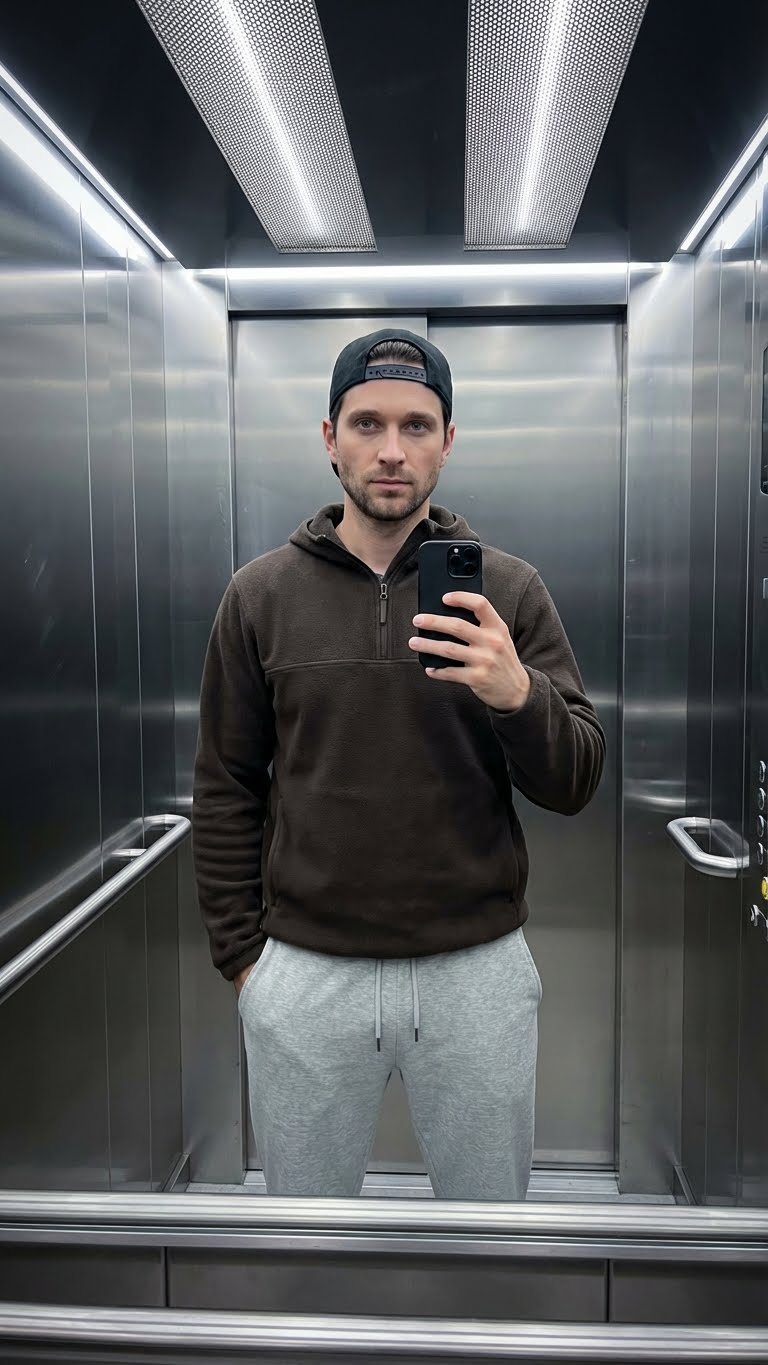 Используй загруженное фото для лица — точно сохрани ВСЕ черты: разрез глаз, форму носа, губы, овал лица, брови, подбородок. Лицо должно быть полностью идентично.

Человек в полный рост делает зеркальное селфи в современном лифте. Чёрная бейсболка, тёмно-коричневый свитшот или худи с короткой молнией у воротника, светло-серые спортивные штаны с завязкой. Правая рука держит чёрный смартфон, левая рука расслаблена в кармане. Естественная повседневная поза. Интерьер лифта: панели из нержавеющей стали, хромированные поручни, прямоугольные сетчатые потолочные светильники, мягкие отражения на металлических стенах. Холодное верхнее LED-освещение создаёт умеренный контраст и мягкие тени. Естественная нейтральная цветовая гамма. Реалистичная текстура тканей и металла. Лёгкая виньетка по краям кадра.

Shot on smartphone camera, 35mm equivalent, f/2-2.8, high resolution. Цвета: чёрный, тёмно-коричневый, светло-серый, холодный металлик.

Минимализм, уличная мода, естественная резкость, селфи со смартфона, реалистичная атмосфера.

КРИТИЧНО: Лицо должно на 100% совпадать с загруженным фото.

Соотношение сторон 9:16