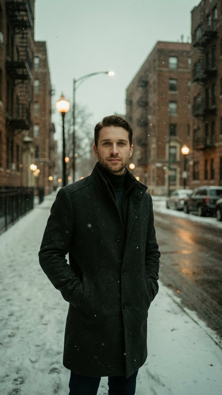 Атмосферный кинематографический зимний городской портрет, вертикальный кадр. Мужчина в длинном тёмном шерстяном пальто и тёмном гольфе, руки в карманах, расслабленная поза, стоит на заснеженном тротуаре. На заднем плане многоквартирные дома, уличные фонари и припаркованные машины вдоль мокрой дороги, рассеянные тёплые огни в глубине кадра. Падающий снег, мягкий боке, низко контрастная холодная цветокоррекция с зеловато-коричневыми тонами, лёгкое зерно плёнки, слабая виньетка, сумеречная или пасмурная подсветка. Камера: вертикальный портрет, 35–50 мм, большое отверстие диафрагмы (f/1.8–f/2.8), небольшая глубина резкости, ISO 800–1600, кинематографическое кадрирование и настроение