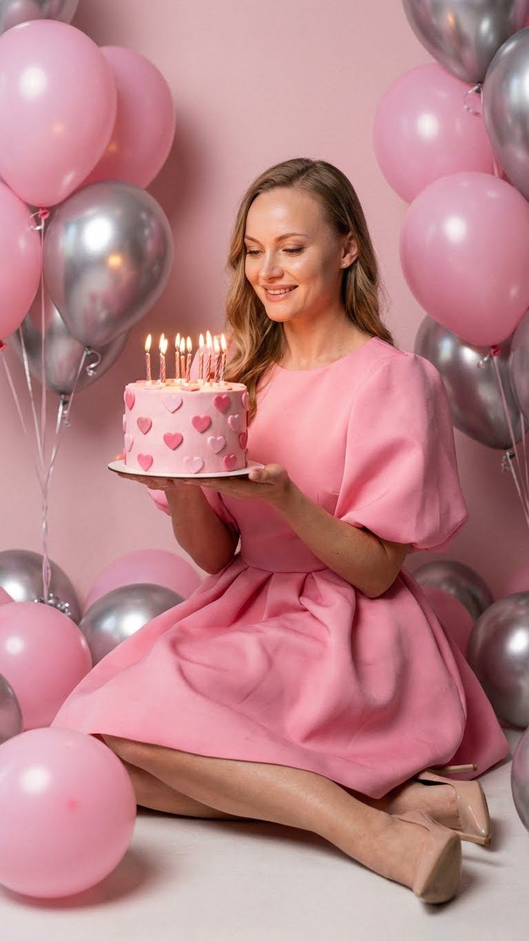 Используй загруженное фото для лица — точно сохрани ВСЕ черты: разрез глаз, форму носа, губы, овал лица, брови, подбородок. Лицо должно быть полностью идентично.

Человек сидит на полу в окружении розовых и серебристых воздушных шаров. Держит милый торт с сердечками и зажжёнными свечами. Смотрит на торт с улыбкой. Розовое структурированное платье с объёмом и женственным силуэтом. Розовые или нюдовые туфли на каблуке. Розовый фон. Счастливая нежная атмосфера праздника. Мягкий студийный свет. Реалистичное свечение от свечей. Высокая детализация кожи, ткани платья и текстуры торта.

Shot on 85mm lens, f/2.0, soft studio lighting. Цвета: розовый, серебристый, нюдовый, тёплые тона свечей.

Романтичная editorial фотография дня рождения, мягкая зернистость, естественные детали.

КРИТИЧНО: Лицо должно на 100% совпадать с загруженным фото

Соотношение сторон 9:16