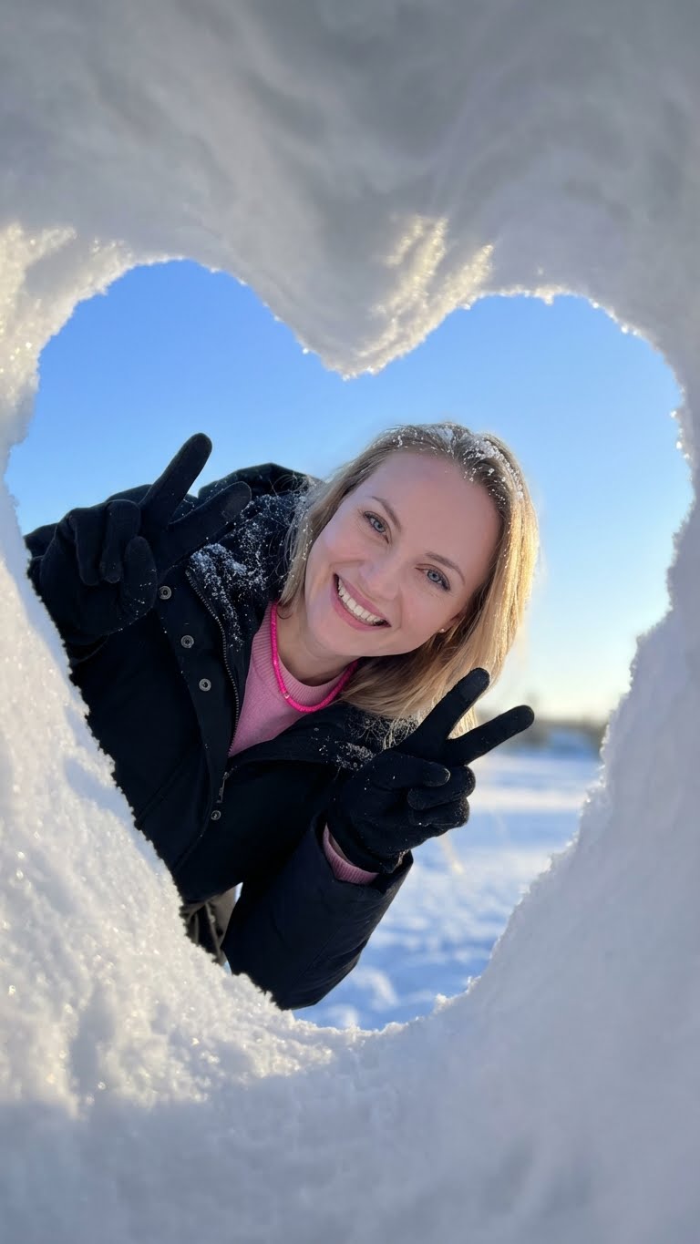 Используйте внешность пользователя один в один — лицо, кожу, волосы и тело без каких-либо изменений.
Создайте яркое зимнее мобильное фото, снятое изнутри сугроба через лунку в форме сердца. Снежная рамка — рыхлая, неровная, с мягкими бликами. Ракурс снизу вверх.
Пользователь стоит снаружи сугроба, слегка наклоняясь к объективу, по центру кадра. Передний план (руки, жест «мир», аксессуары) выглядит крупнее из-за перспективы. Мягкий отраженный зимний свет, реалистичная кожа с лёгким холодным сиянием.
Девушка улыбается и показывает «мир» обеими руками. На ней чёрное пальто, розовый топ, яркое розовое ожерелье и чёрные перчатки. Волосы и пальто слегка присыпаны снежинками.
Фон — чистое голубое зимнее небо и рассеянный холодный свет. Лёгкое снежное мерцание. Глубокая резкость по центру и мягкое размытие краёв снежной рамки усиливают эффект съёмки из «лунки».
Стиль — реалистичный, свежий, атмосферный, как трендовое случайное мобильное фото. Не меняй внешность пользователя.