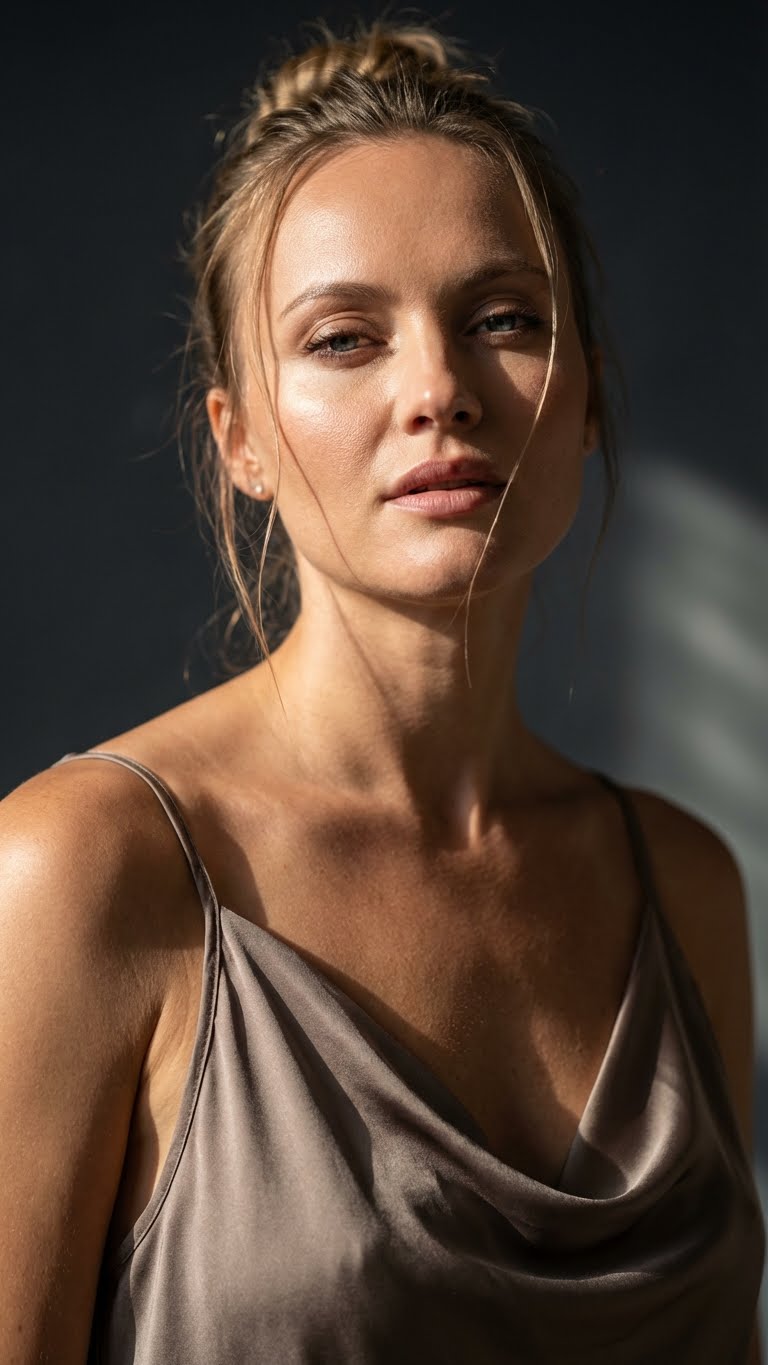 Кинематографичный гиперреалистичный крупный портрет, 8K, как Vogue-кадр. Лицо строго как у загруженного человека, без изменений, допускается только смена мимики и наклона головы. Модель стоит расслабленно, корпус чуть назад, подбородок приопущен, глаза мягко открыты, губы слегка приоткрыты — спокойная уверенность. На ней струящееся шёлковое платье холодного таупа на тонких бретельках, ткань мягко обтекает тело, в боковом солнечном свете видны живые складки и блеск шёлка. Волосы небрежно собранные, чуть взъерошенные, отдельные пряди детализированы, пряди частично падают к лицу, одна тонкая прядь пересекает щёку. Жёсткий свет сверху-сбоку, рембрандтовский рисунок: ярко освещённая ближняя сторона лица, скулы, нос, лоб; на дальней щеке световой треугольник. Глубокие тени под скулами и подбородком, на шее и ключицах. Кожа тёплой бронзы, естественная текстура. Фон — графитовая стена в боке с солнечными полосами. Палитра: графит, тауп, бронза. Камера: Sony A7R V, 85mm f/1.8. Negative: изменение лица, пластиковая кожа, артефакты, текст, пересветы

Соотношение сторон 9:16