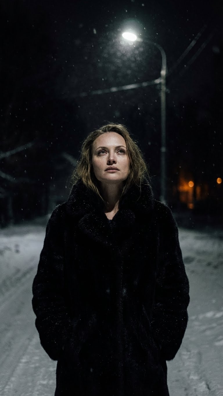 Generate the scene described below, but keep the face identical to the reference image. Do not alter the facial features or identity. Copy the reference face 1:1.
A hyper-realistic, cinematic fashion editorial portrait set outdoors at night during winter, deeply inspired by late Soviet and early post-Soviet aesthetics of the 1980s–1990s. The scene feels like a frozen frame from a dark Eastern European arthouse film, heavy with silence, cold, and emotional weight.

The composition is vertical, minimal, and dominated by darkness. A young woman stands alone on a snow-covered city street at night. Snow falls slowly through the frame, barely visible except where it catches the light, enhancing the sense of isolation and time suspended.

The lighting is extremely low-key and dramatic. The only source of light is a single Soviet-style streetlamp positioned above her, casting a narrow cone of cold, directional light downward. Everything outside this light fades into near-total darkness. The light falls sharply on the top of her face, fur coat, and shoulders, while deep shadows consume the rest of her body and the background.

The woman stands slightly turned, her body grounded and still. Her head is tilted upward, eyes lifted toward the streetlamp, as if searching for warmth, answers, or escape. Her expression is serious, introspective, and quietly vulnerable — stoic yet emotionally charged, with no smile, no performance.

She wears a heavy, oversized fur coat typical of Soviet winter outerwear — dark, voluminous, and utilitarian (deep black, charcoal, or very dark brown). The fur texture is thick and matte, catching highlights only where the light touches it. The coat feels worn, authentic, and protective. Beneath it, dark minimal clothing blends into shadow.

Her hair is dark, natural, and slightly disheveled by wind and falling snow. Makeup is almost nonexistent: pale winter skin, soft shadows under the eyes, muted lips, visible skin texture and imperfections. Her face feels real, human, and unidealized.

The environment is barely readable: faint outlines of snow on the ground, distant shapes of trees or buildings dissolving into blackness. Occasional warm, blurred points of light appear far behind her, but they are weak and subdued, never competing with the streetlamp above.

The color palette is stark and restrained: deep blacks, cold grays, snow-white highlights, and subtle amber tones from the lamp. Strong contrast, crushed shadows, and visible film grain evoke analog Soviet-era cinematography.

The overall mood is dark, poetic, and haunting — a moment of stillness beneath a single light in an endless winter night. High fashion meets historical realism. Ultra-realistic textures, falling snow particles, cinematic noir lighting, Soviet-era minimalism, analog film feel, 8K realism.

Negative prompt (optional):
bright lighting, multiple light sources, modern neon, glamour makeup, smiling, glossy luxury, daylight, CGI look, plastic skin, cluttered background, exaggerated posing
