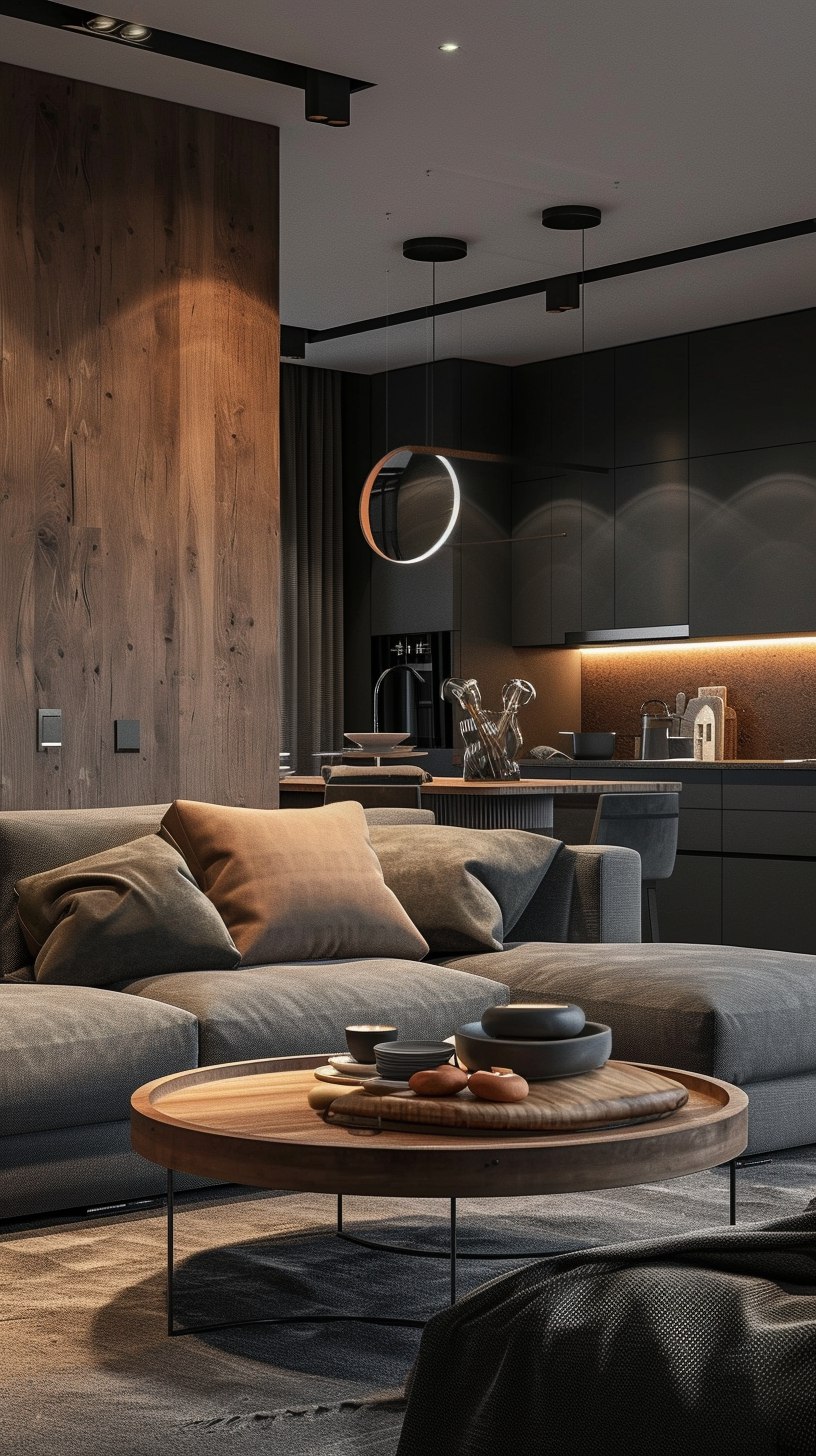 Гостиная в современном стиле с диваном и журнальным столиком