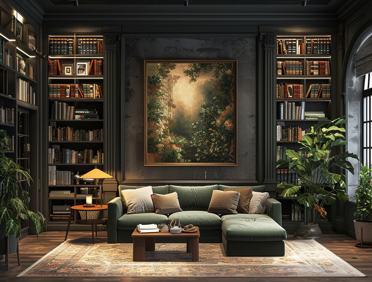 Современная гостиная с мебелью и книгами, в стиле готики 