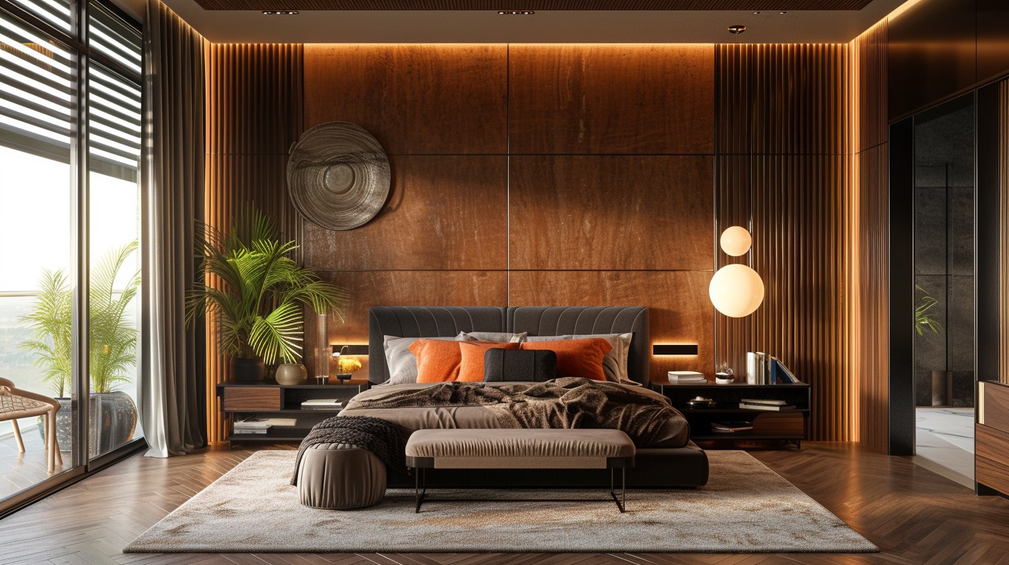 Дизайн спальни с деревянной облицовкой