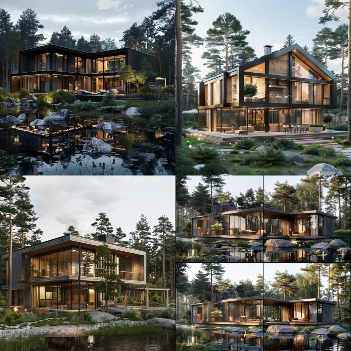 3D визуализация современного частного дома из клееного бруса в сосновом лесу на берегу реки