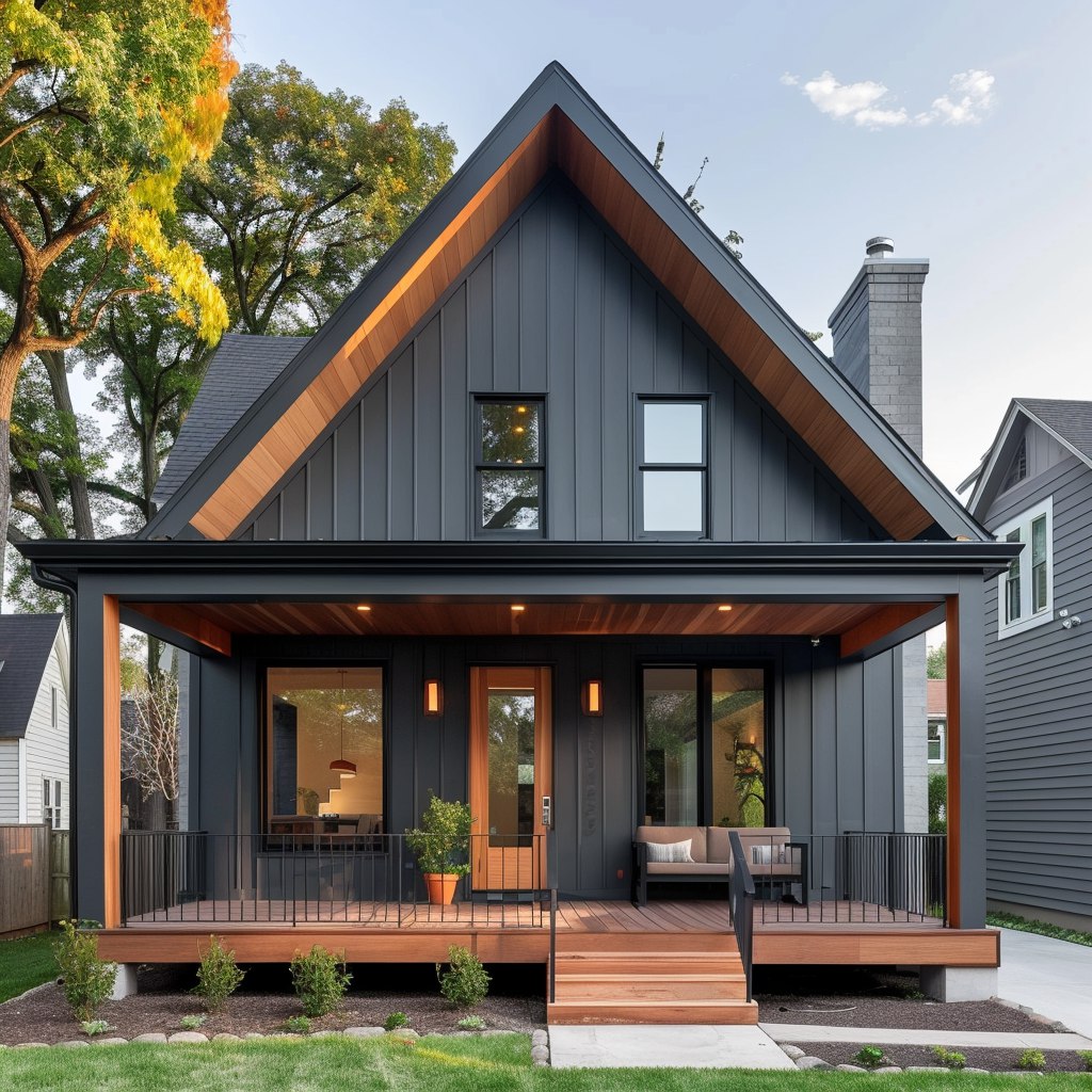 Современный дом с темными стенами и деревянными акцентами