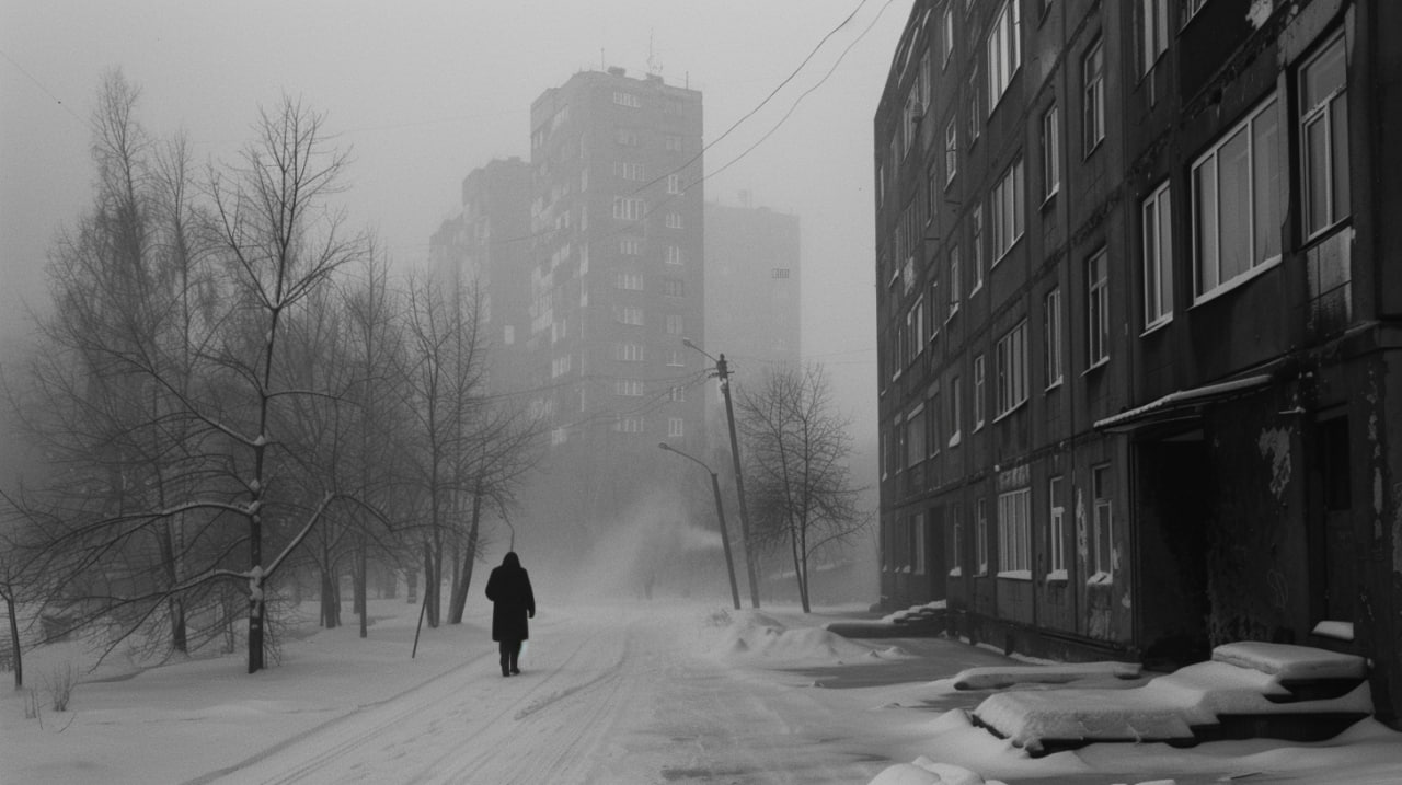 Городской пейзаж зимнего дня в России в девяностые: одиночество и меланхолия