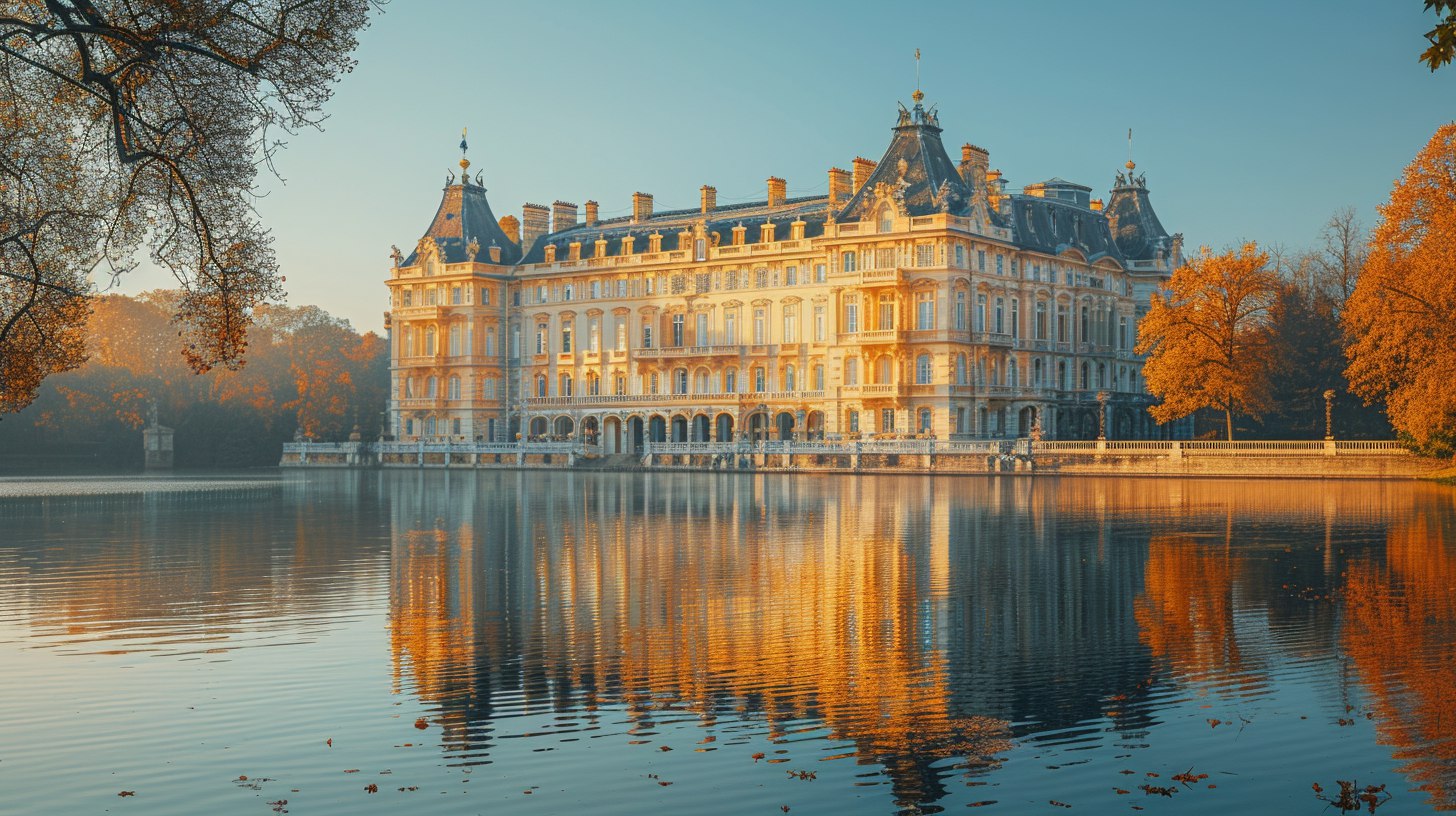 Красивый дворец-курорт на фоне парка и пруда