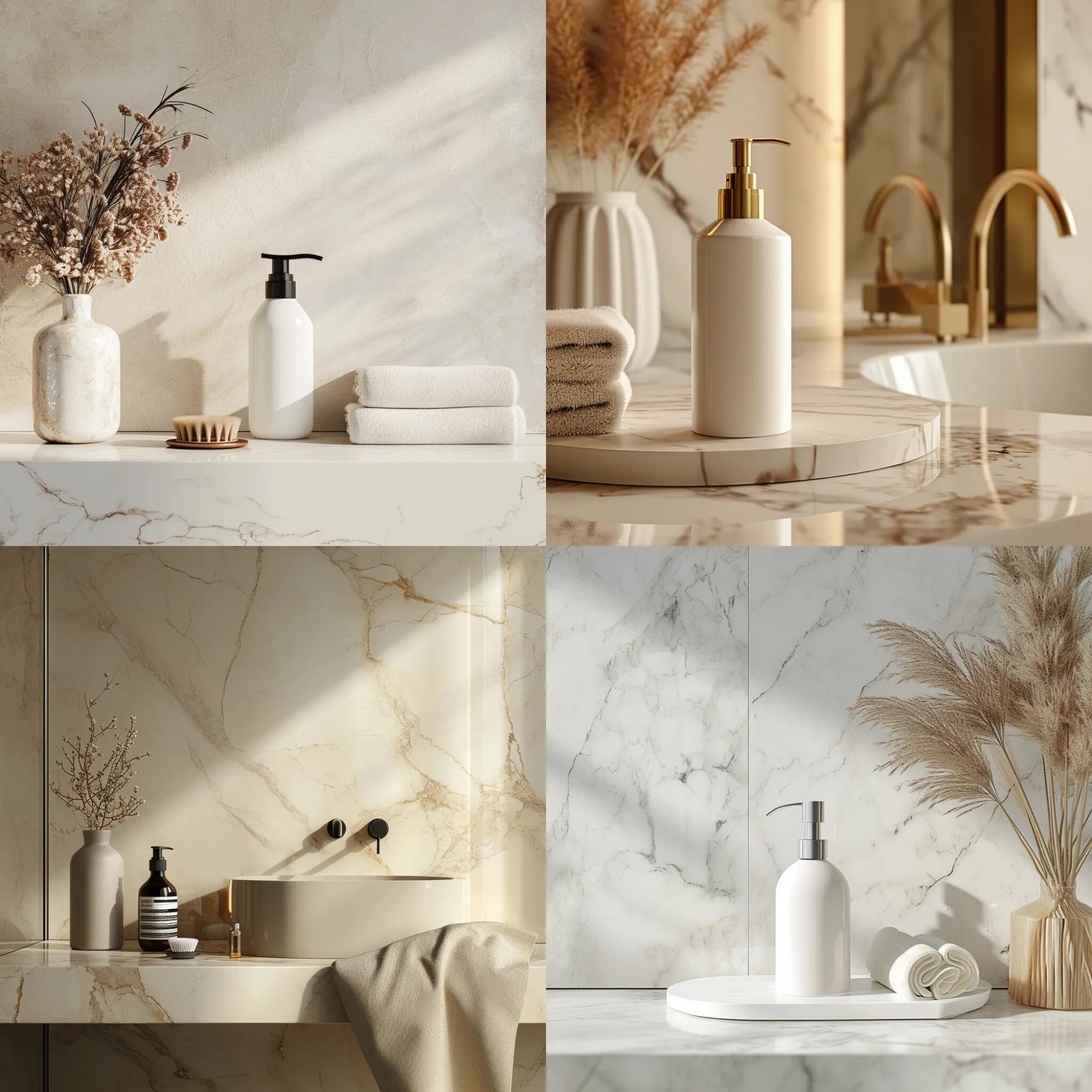 Макет бутылки для жидкого мыла - кремовая мраморная столешница и элитный и стильный стиль