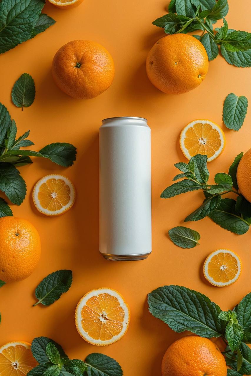 Мокап освежающего напитка на оранжевом фоне