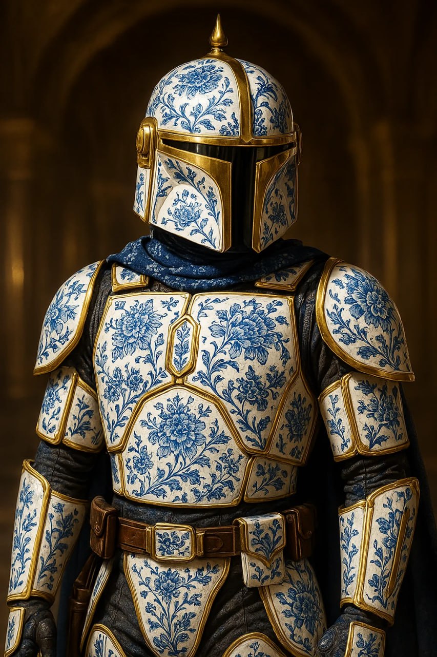 Мандалорский воин гордо стоит, украшенный уникальным фарфоровым доспехом.