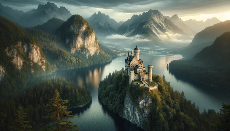 Пейзаж с древним замком и озером (сделано в DALLE)
