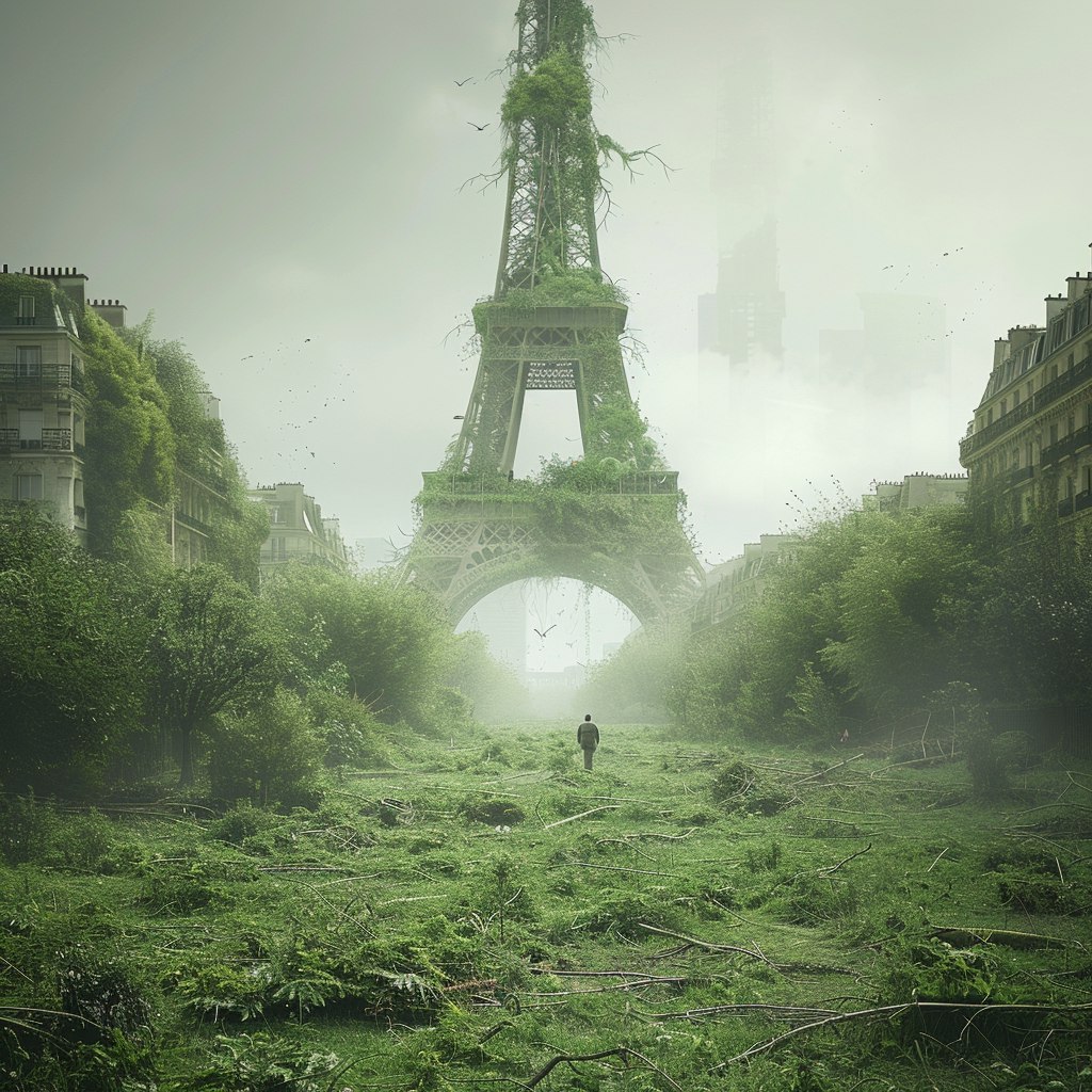 Пост-апокалиптичная фотография Парижа, заросшего растениями.