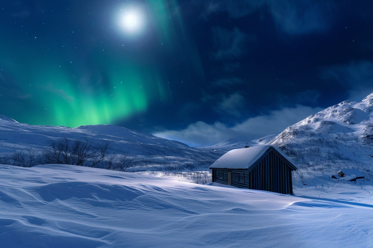 Одинокий дом на фоне северного сияния