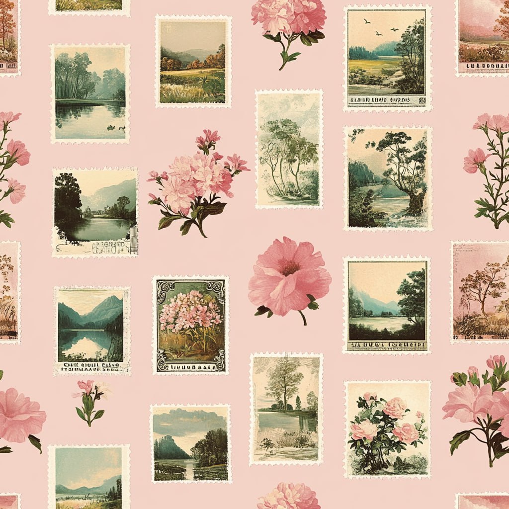 Бесшовный шаблон: почтовые марки и цветы
