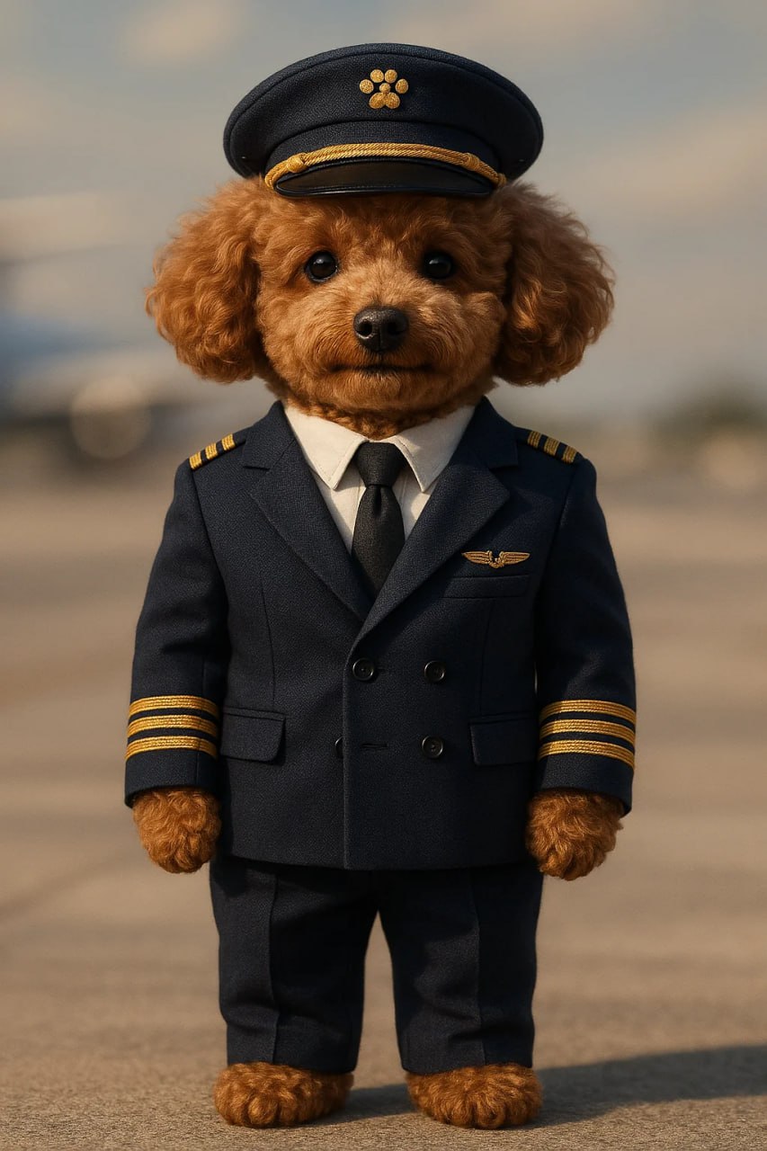 Гиперреалистичный портрет пушистого коричневого пуделя, стоящего на двух ногах, как маленький человек, в идеально сшитой темно-синей пилотской форме с золотой отделкой