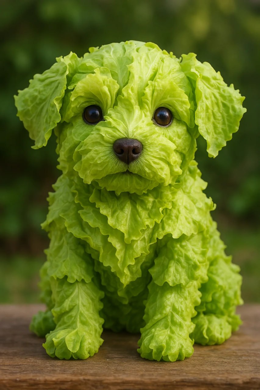 Фотография маленького щенка, сделанного из салата-латука