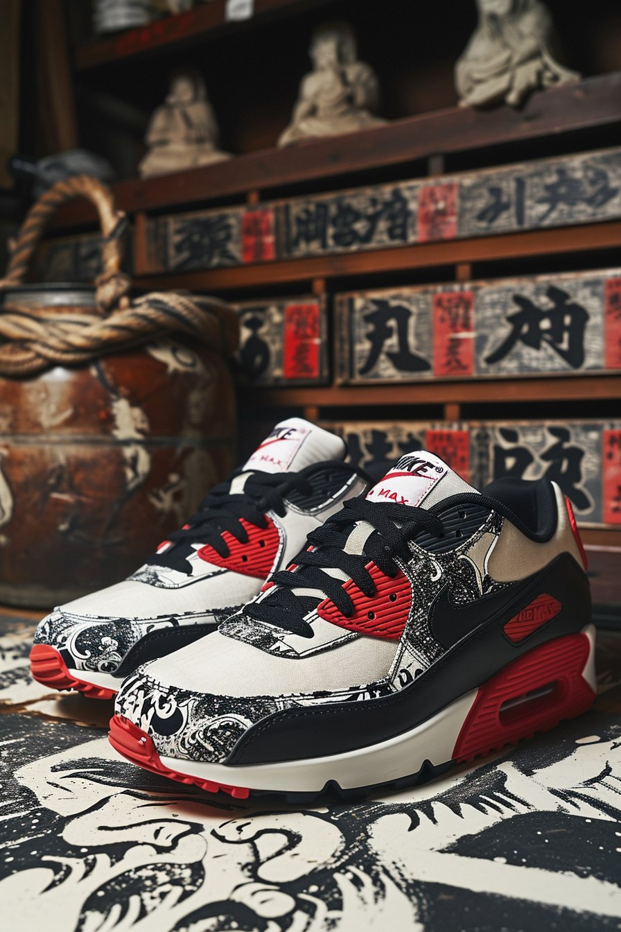 Креативная съемка пары кастомных Nike Air Max 90s по мотивам японской тематики