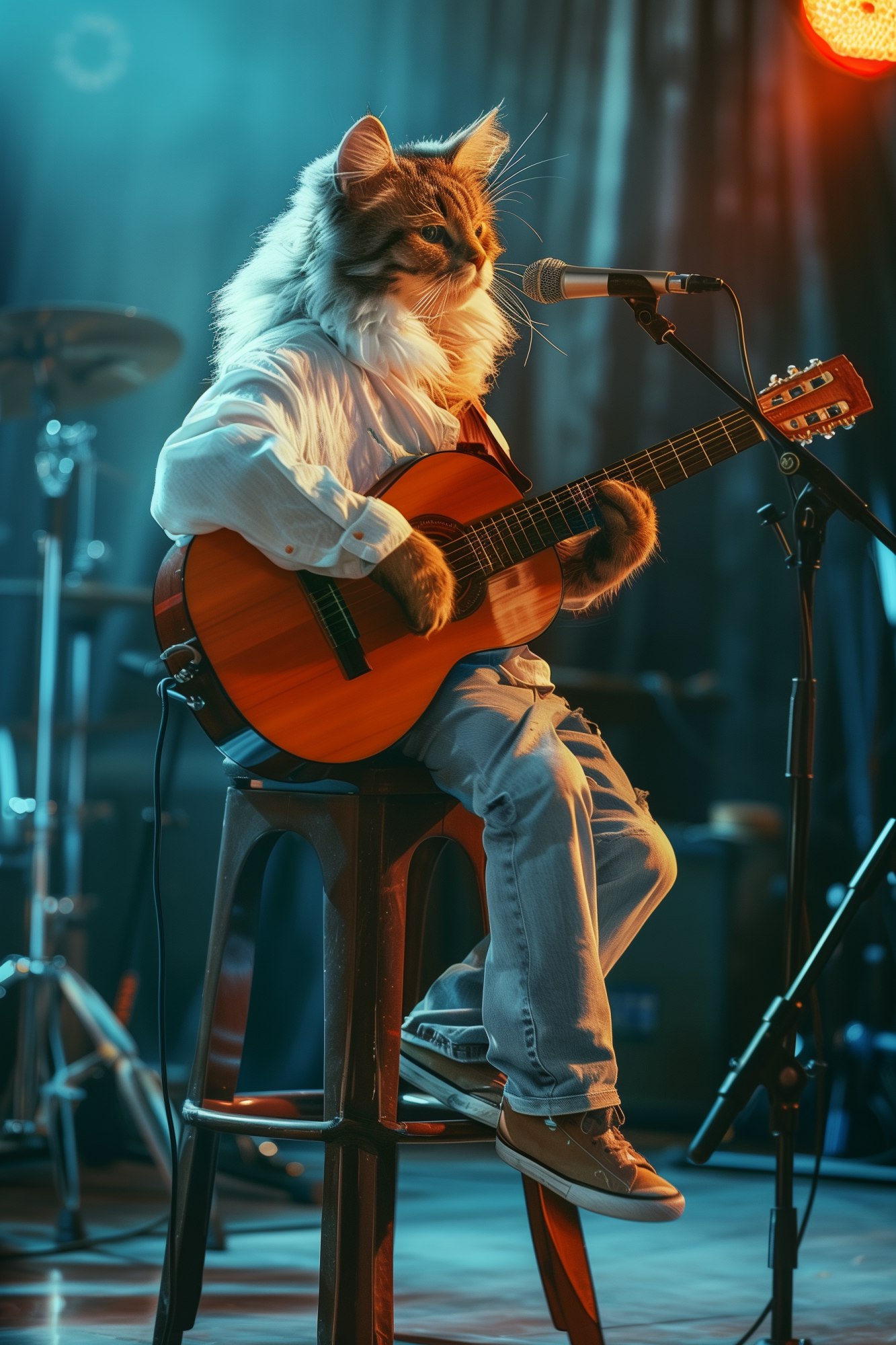 Кот с гитарой на сцене