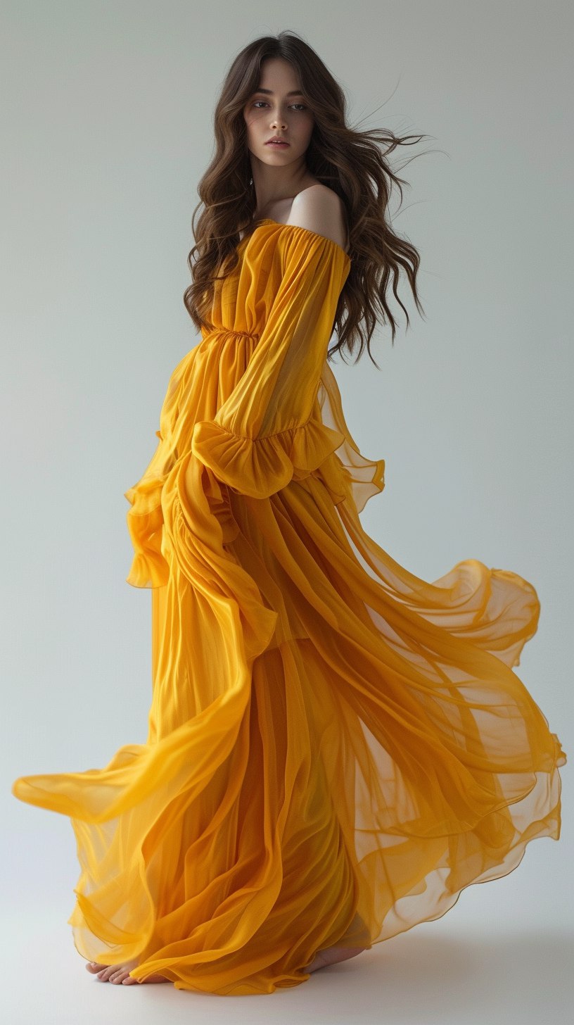 Длинное шелковое желтое платье