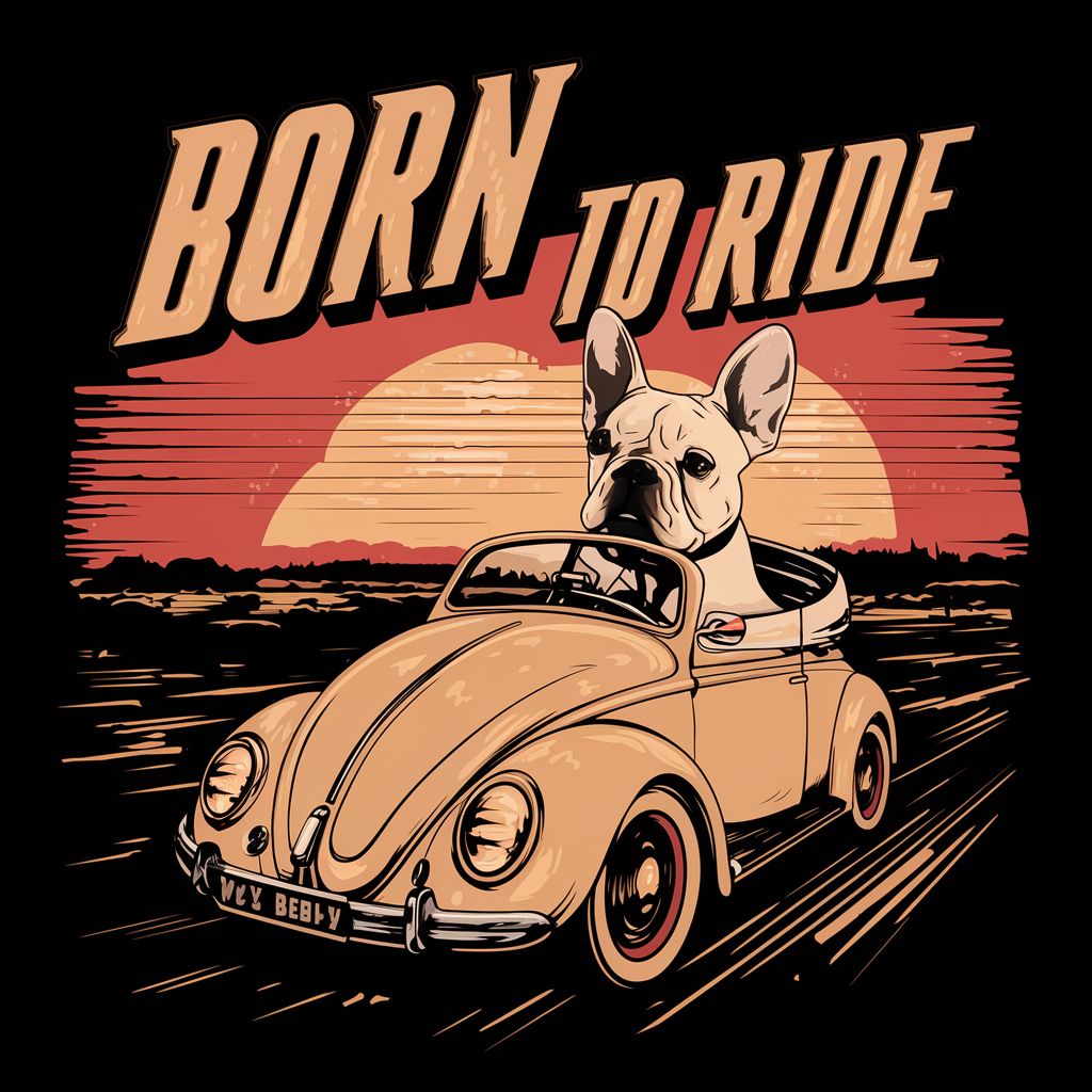 Дизайн футболки с векторной иллюстрацией в винтажном стиле: "Французский бульдог на автомобиле"