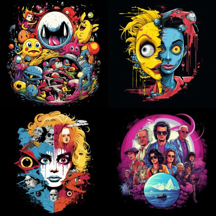 Соедините знаковых персонажей или сцены из разных вселенных поп-культуры в один уникальный и привлекающий внимание дизайн на футболке с высоким контрастом