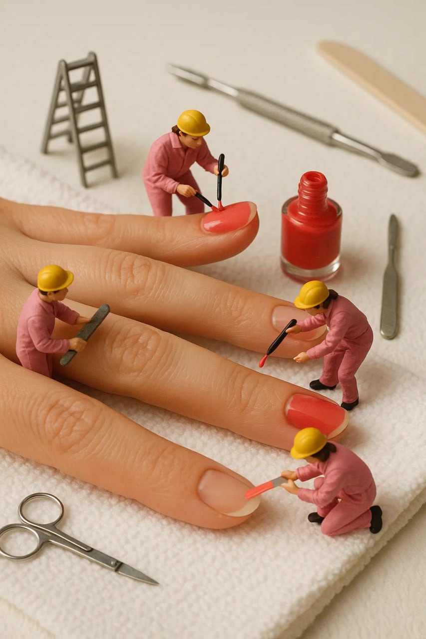 Миниатюрные мастера маникюра в розовых костюмах
