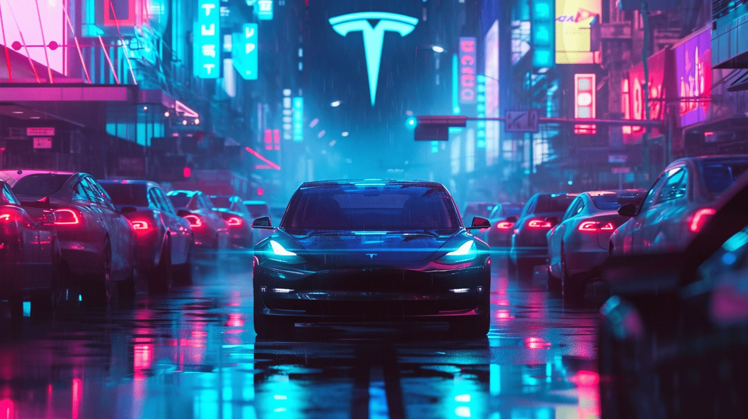 Сцена с авто и логотипом Tesla