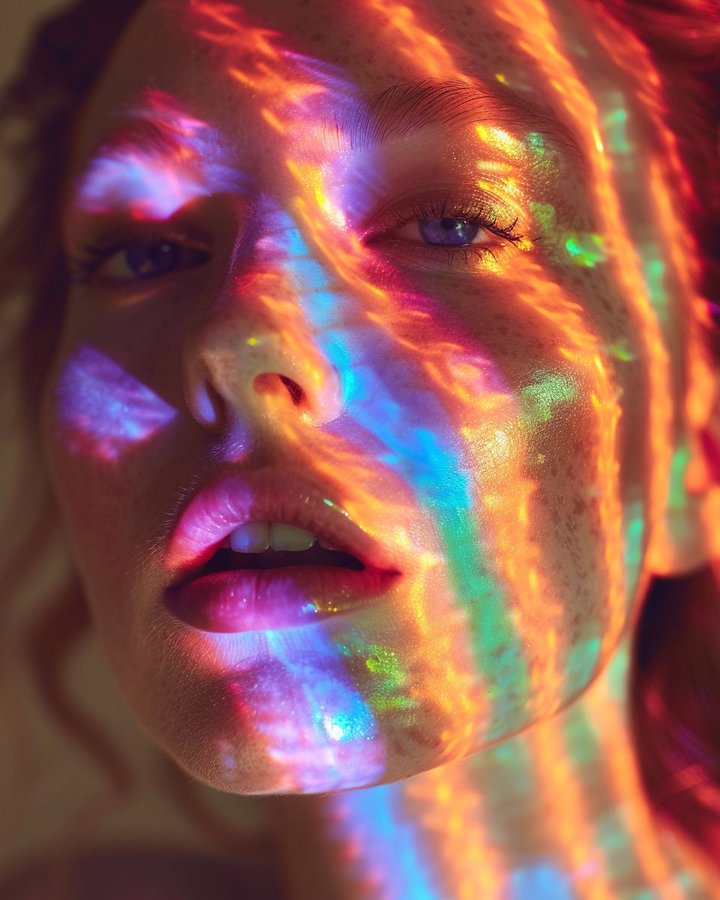 Портрет красивой женщины с радужным светом, отражающимся на её лице,
