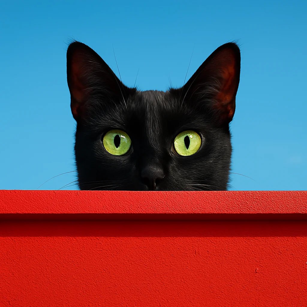 Фотография черной кошки с зелеными глазами, выглядывающей из-за красного здания.